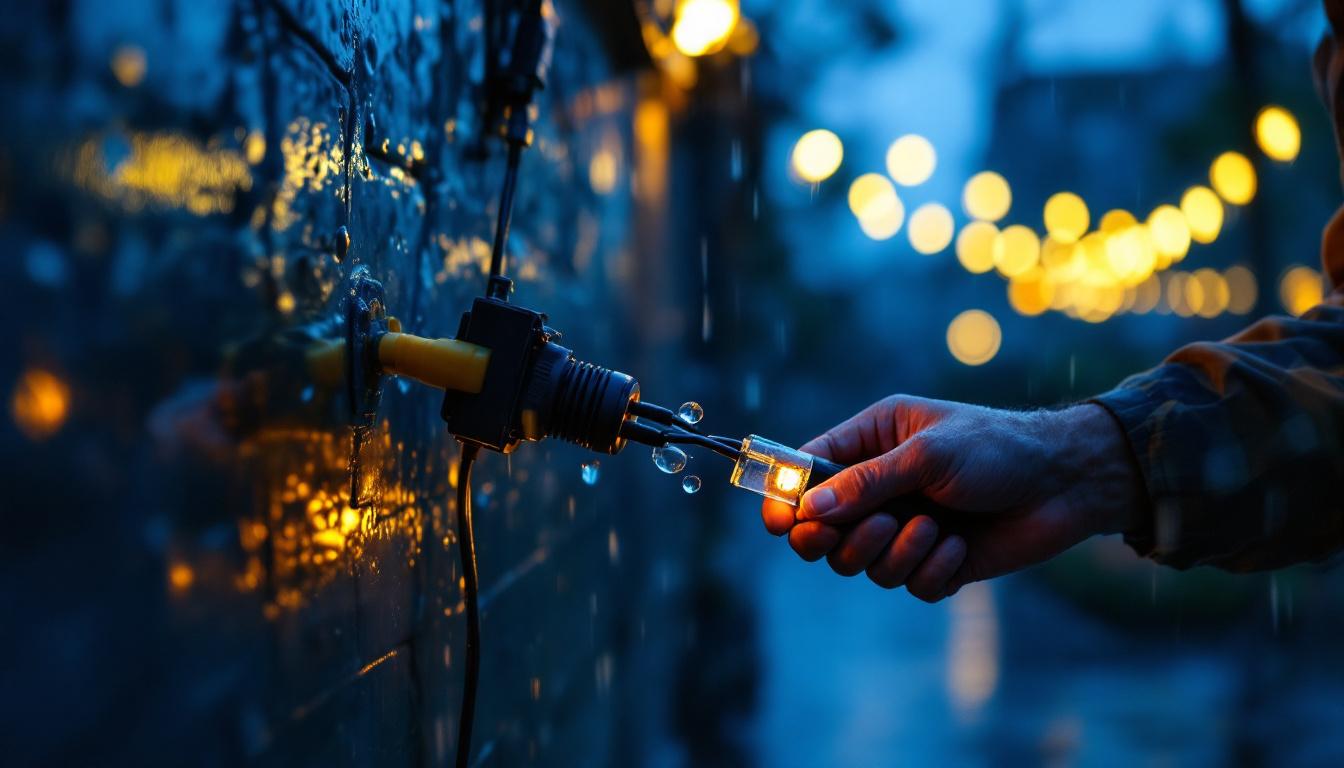 A photograph of a lighting contractor expertly connecting low voltage wire connectors in a rain-soaked outdoor setting