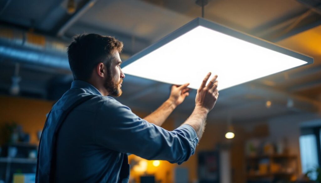 A photograph of a well-lit workspace featuring a 2x4 led light panel installed in a ceiling