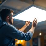 A photograph of a well-lit workspace featuring a 2x4 led light panel installed in a ceiling