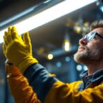 A photograph of a lighting contractor expertly installing or inspecting a t5 bulb in a commercial or residential setting