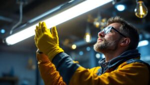 A photograph of a lighting contractor expertly installing or inspecting a t5 bulb in a commercial or residential setting