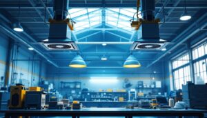 A photograph of a well-lit shop interior featuring strategically placed exhaust fans