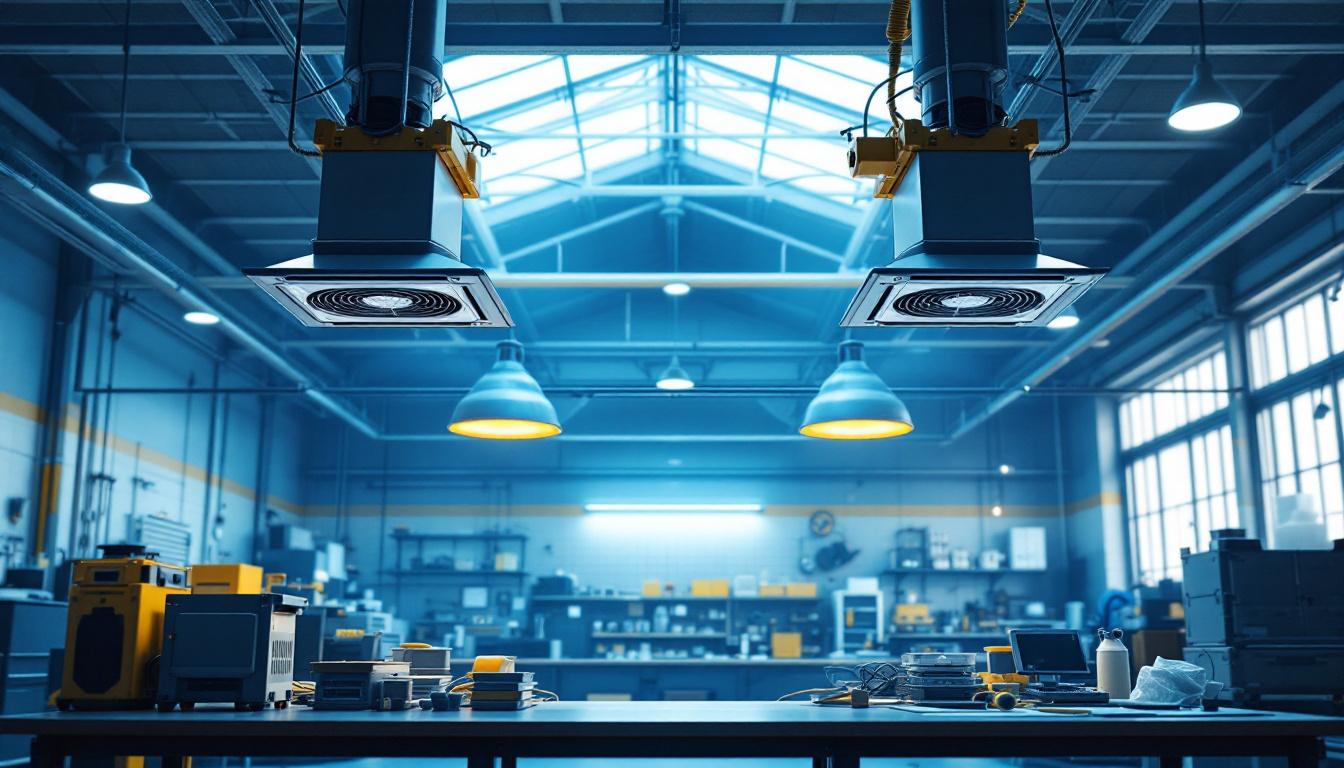 A photograph of a well-lit shop interior featuring strategically placed exhaust fans