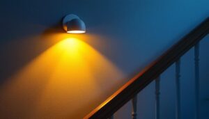 A photograph of a beautifully designed wall-mounted stairwell light fixture illuminating a staircase