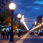 A photograph of a vibrant urban street scene at dusk