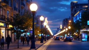 A photograph of a vibrant urban street scene at dusk