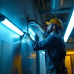 A photograph of a lighting contractor installing led fluorescent retrofits in a commercial space