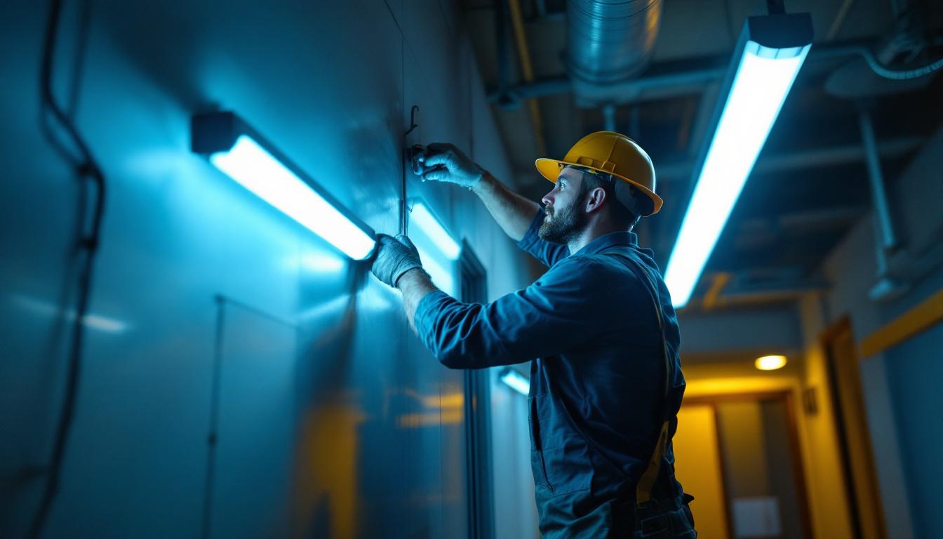 A photograph of a lighting contractor installing led fluorescent retrofits in a commercial space