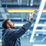 A photograph of a lighting contractor expertly installing t5 fluorescent tubes in a commercial space