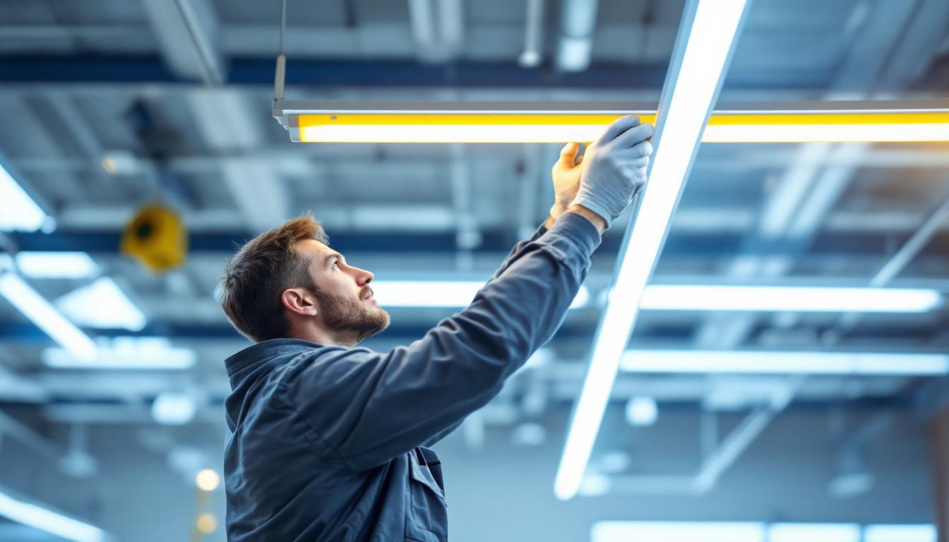 A photograph of a lighting contractor expertly installing t5 fluorescent tubes in a commercial space