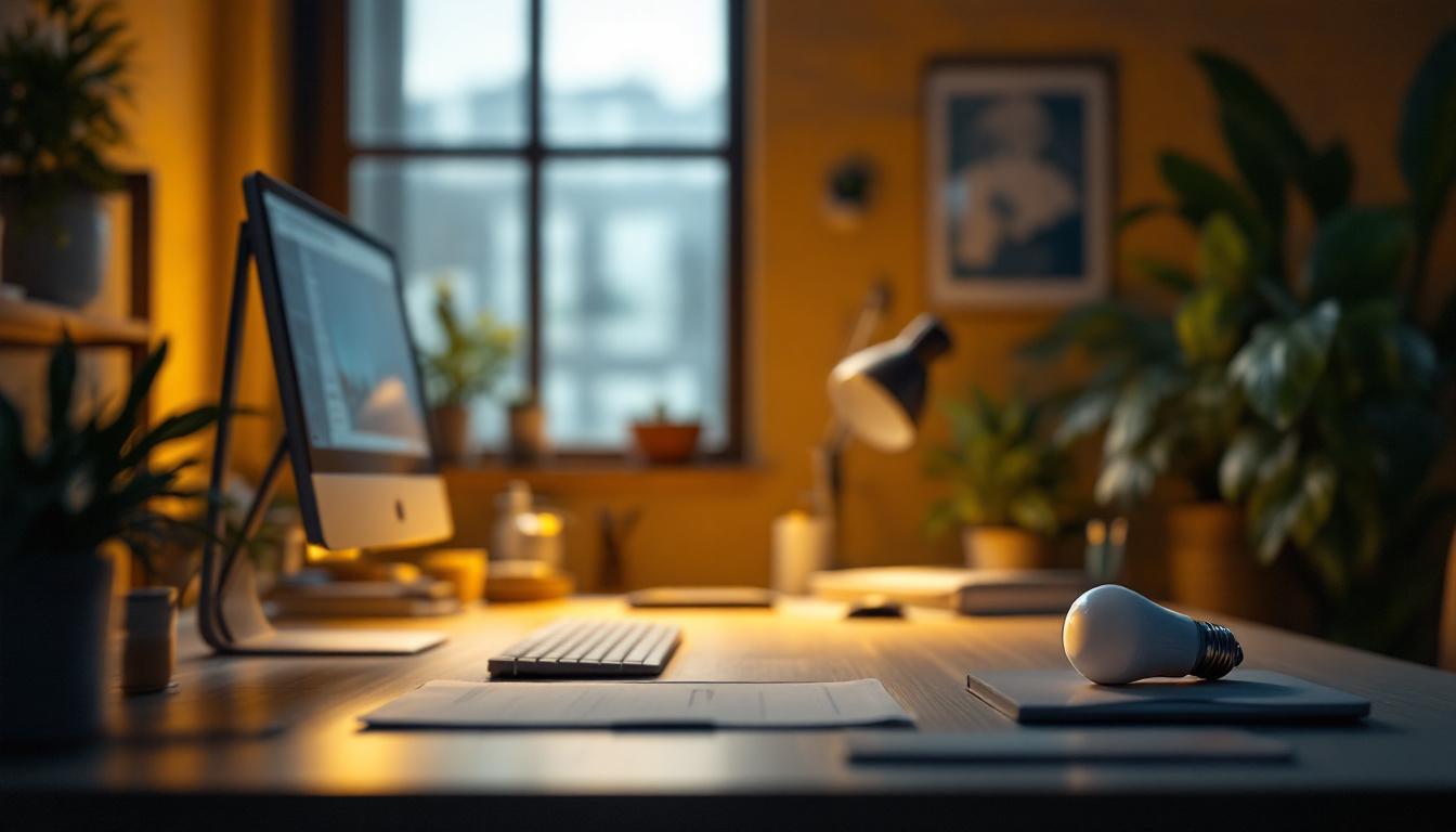 A photograph of a bright and modern workspace illuminated by a 48 led bulb