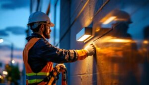 A photograph of a lighting contractor installing a sleek