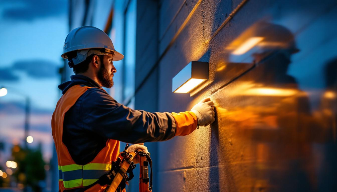 A photograph of a lighting contractor installing a sleek