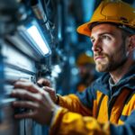 A photograph of a lighting contractor working on a f24t5ho ballast installation in a commercial setting