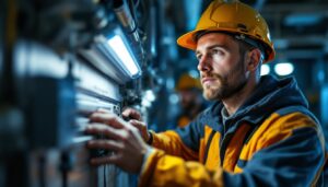 A photograph of a lighting contractor working on a f24t5ho ballast installation in a commercial setting
