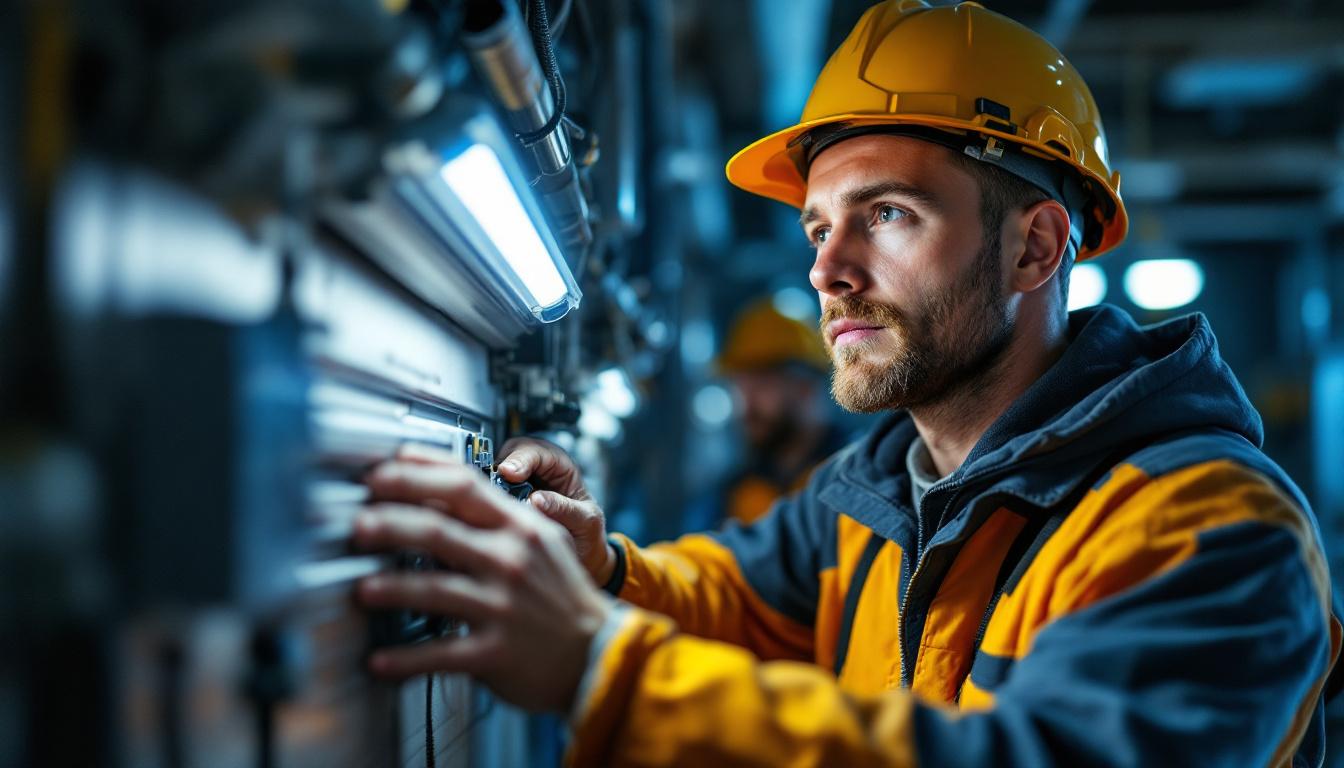 A photograph of a lighting contractor working on a f24t5ho ballast installation in a commercial setting