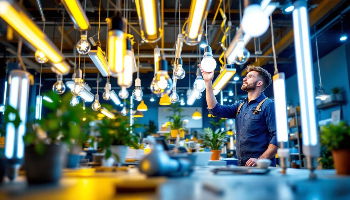 A photograph of a well-lit workspace featuring a variety of t5 fluorescent light bulbs