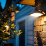 A photograph of a lighting contractor installing a solar flood light in a residential outdoor setting