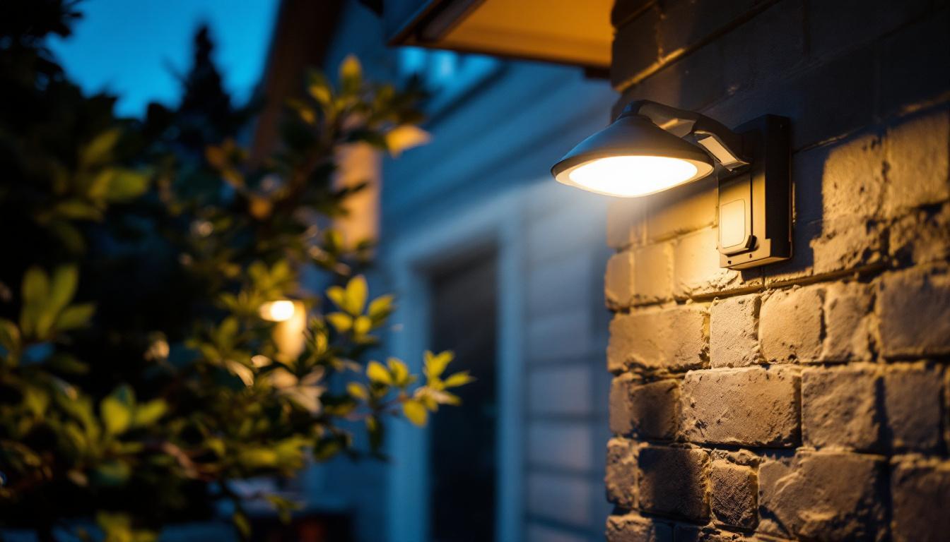 A photograph of a lighting contractor installing a solar flood light in a residential outdoor setting