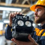 A photograph of a lighting contractor expertly installing or inspecting a 4 bulb ballast in a commercial setting