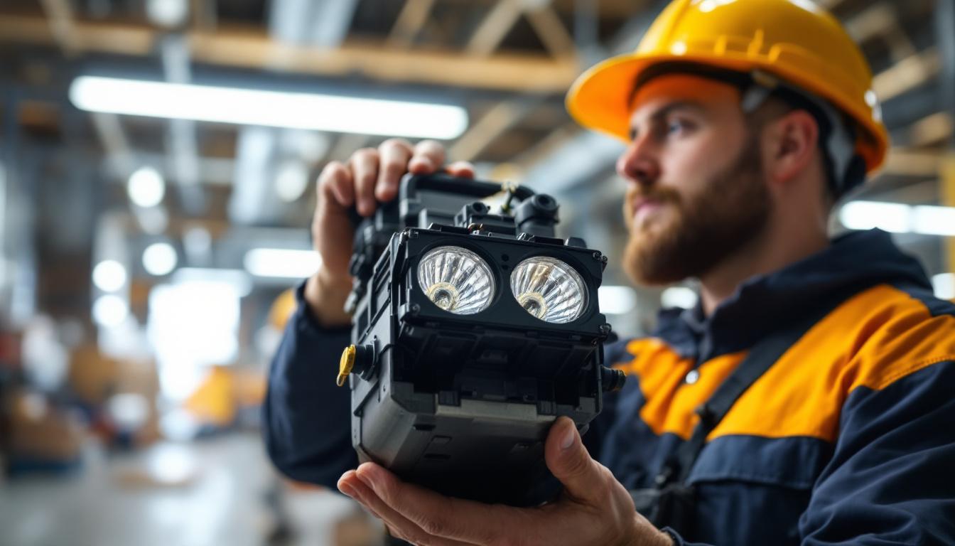 A photograph of a lighting contractor expertly installing or inspecting a 4 bulb ballast in a commercial setting