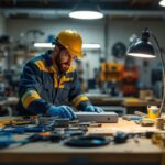 A photograph of a lighting contractor using the washer power plug in a well-lit workspace