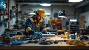 A photograph of a lighting contractor using the washer power plug in a well-lit workspace