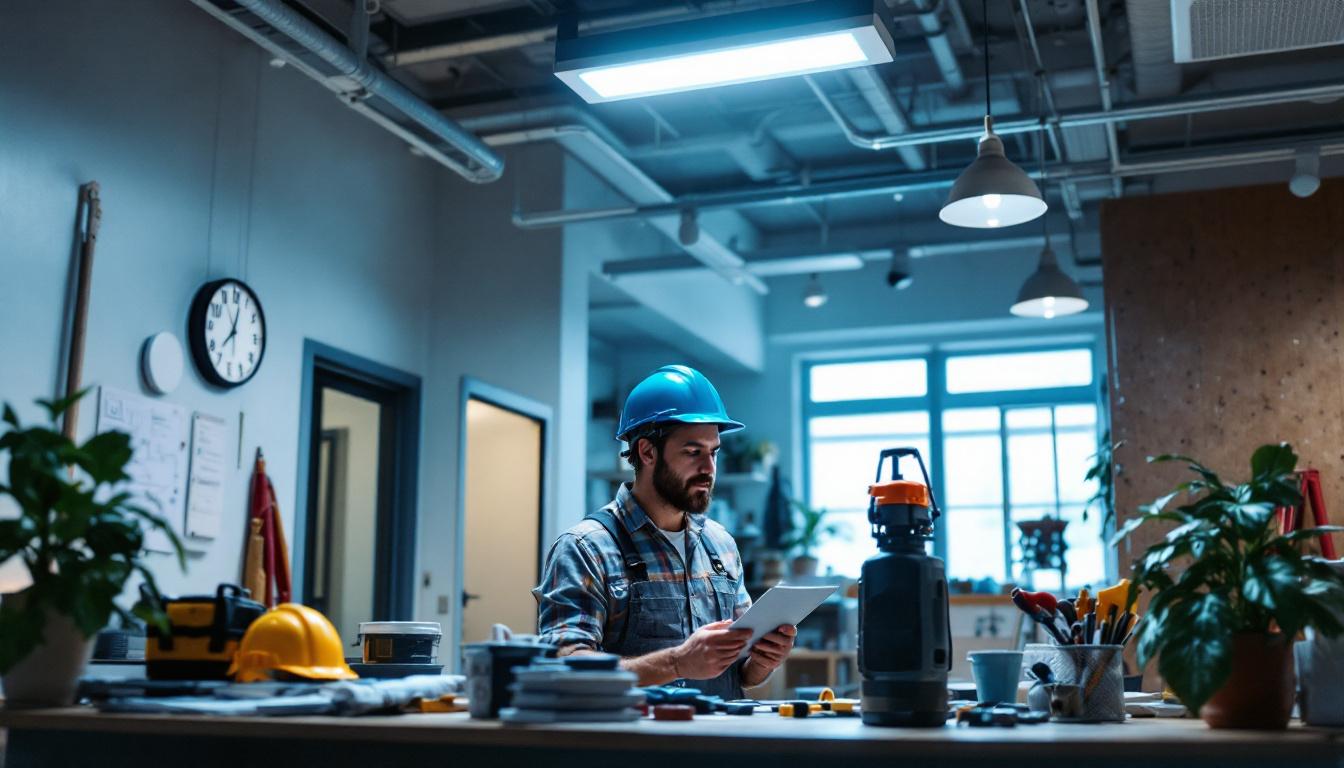 A photograph of a well-lit workspace featuring a 2x4 lay-in led light fixture installed in a drop ceiling