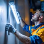 A photograph of a lighting contractor installing or showcasing a 4ft led light fixture in a commercial or residential setting