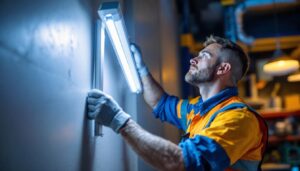 A photograph of a lighting contractor installing or showcasing a 4ft led light fixture in a commercial or residential setting