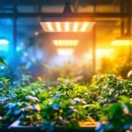 A photograph of a well-lit indoor greenhouse showcasing various plants thriving under different types of artificial grow lights