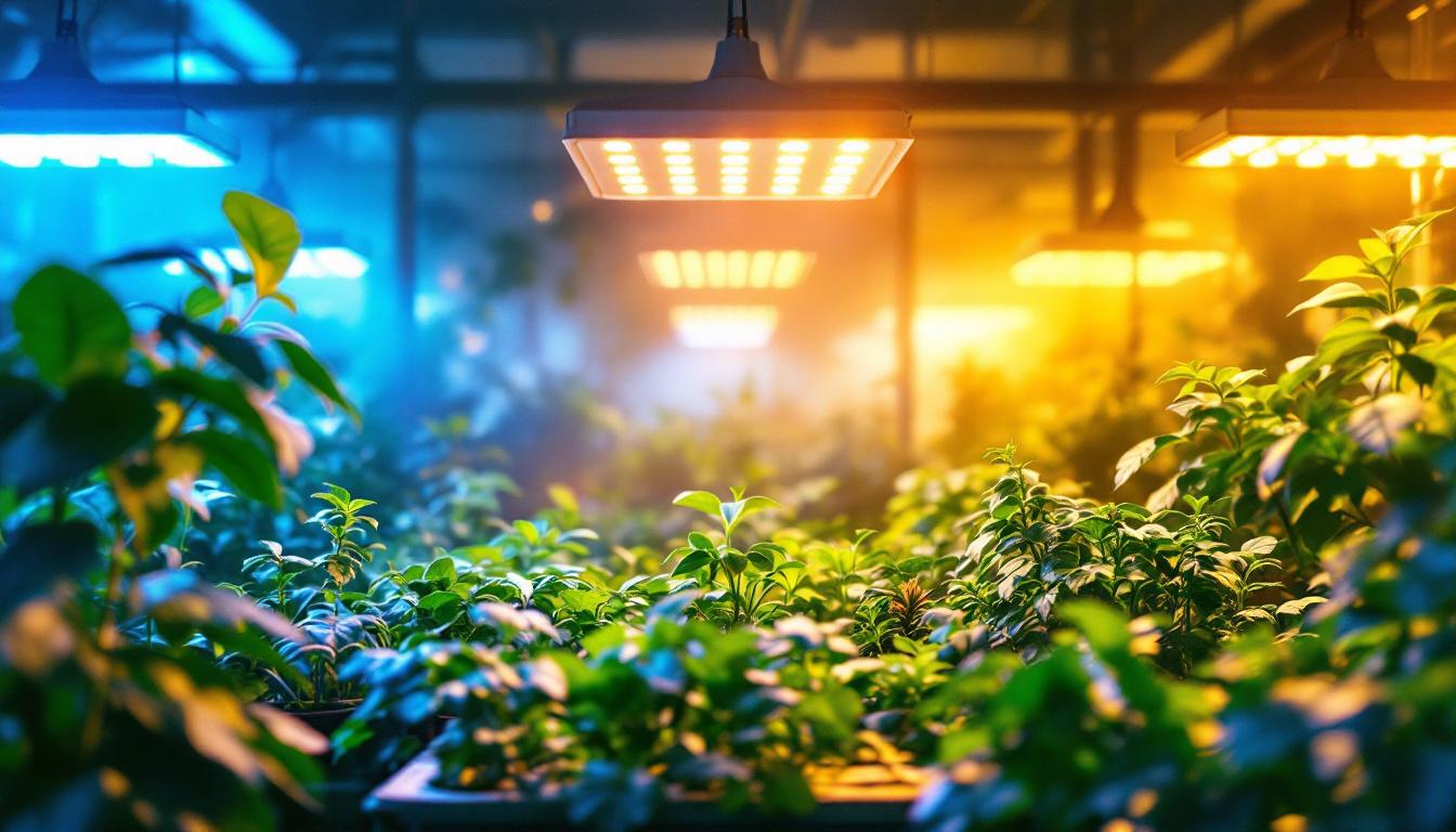 A photograph of a well-lit indoor greenhouse showcasing various plants thriving under different types of artificial grow lights