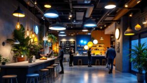 A photograph of a dynamic lighting installation in a commercial space
