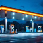 A photograph of a well-lit gas station canopy at dusk