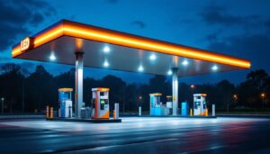 A photograph of a well-lit gas station canopy at dusk
