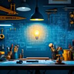 A photograph of a t light bulb illuminating a workspace filled with blueprints