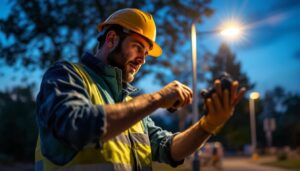 A photograph of a lighting contractor installing or showcasing rab pole lights in an outdoor setting