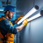 A photograph of a lighting contractor installing or showcasing a t5 led fixture in a modern workspace