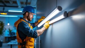 A photograph of a lighting contractor installing or showcasing a t5 led fixture in a modern workspace