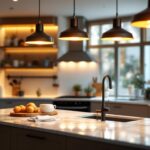 A photograph of a beautifully designed kitchen island illuminated by stylish pendant lights