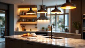 A photograph of a beautifully designed kitchen island illuminated by stylish pendant lights