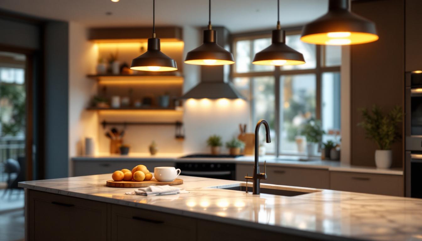 A photograph of a beautifully designed kitchen island illuminated by stylish pendant lights