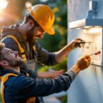 A photograph of a skilled lighting contractor installing an outdoor junction box light in a beautifully landscaped yard