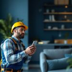 A photograph of a skilled lighting contractor installing a modern power outlet receptacle in a stylish residential setting