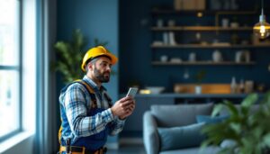 A photograph of a skilled lighting contractor installing a modern power outlet receptacle in a stylish residential setting