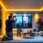 A photograph of a lighting contractor installing recessed wafer lights in a modern residential space