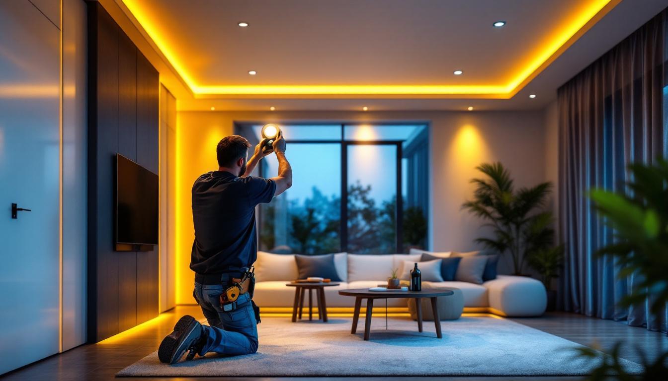 A photograph of a lighting contractor installing recessed wafer lights in a modern residential space