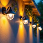 A photograph of capture a photograph of a beautifully lit outdoor space featuring various mounted lights