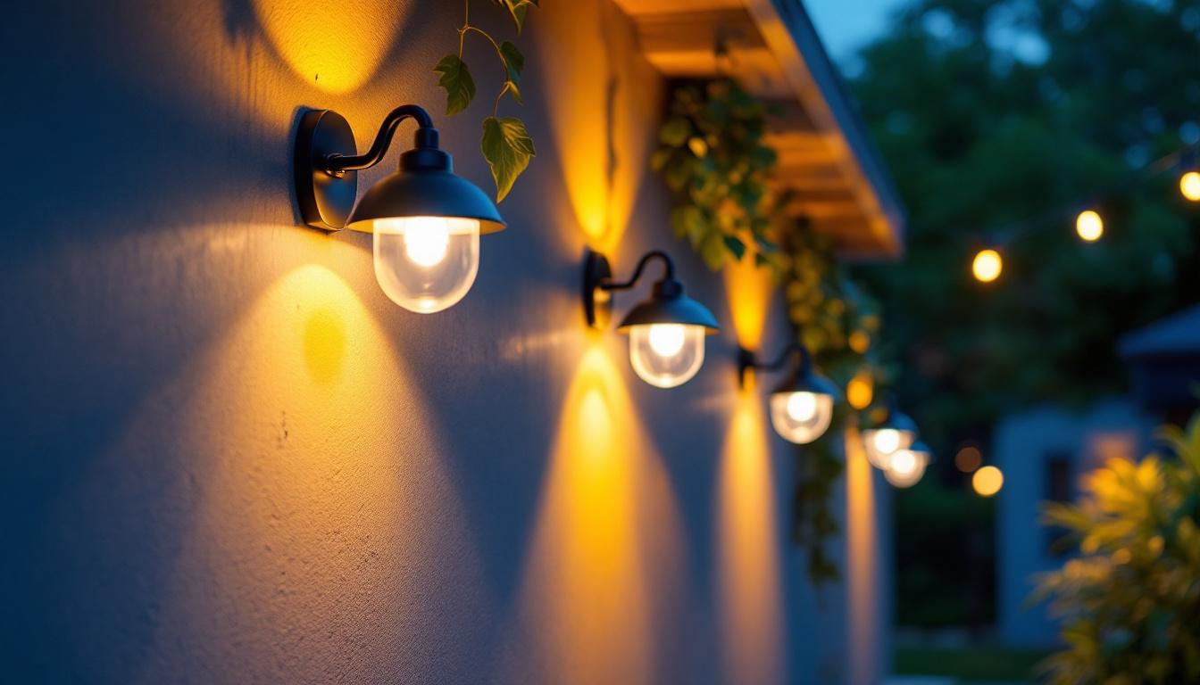 A photograph of capture a photograph of a beautifully lit outdoor space featuring various mounted lights