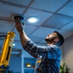 A photograph of a lighting contractor installing 6-inch recessed led lights in a modern ceiling